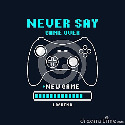 Joysticks gamepad t-shirt design with pixel text and slogan. Tee shirt typography graphics for gamers. Slogan print for video game Vector Illustration